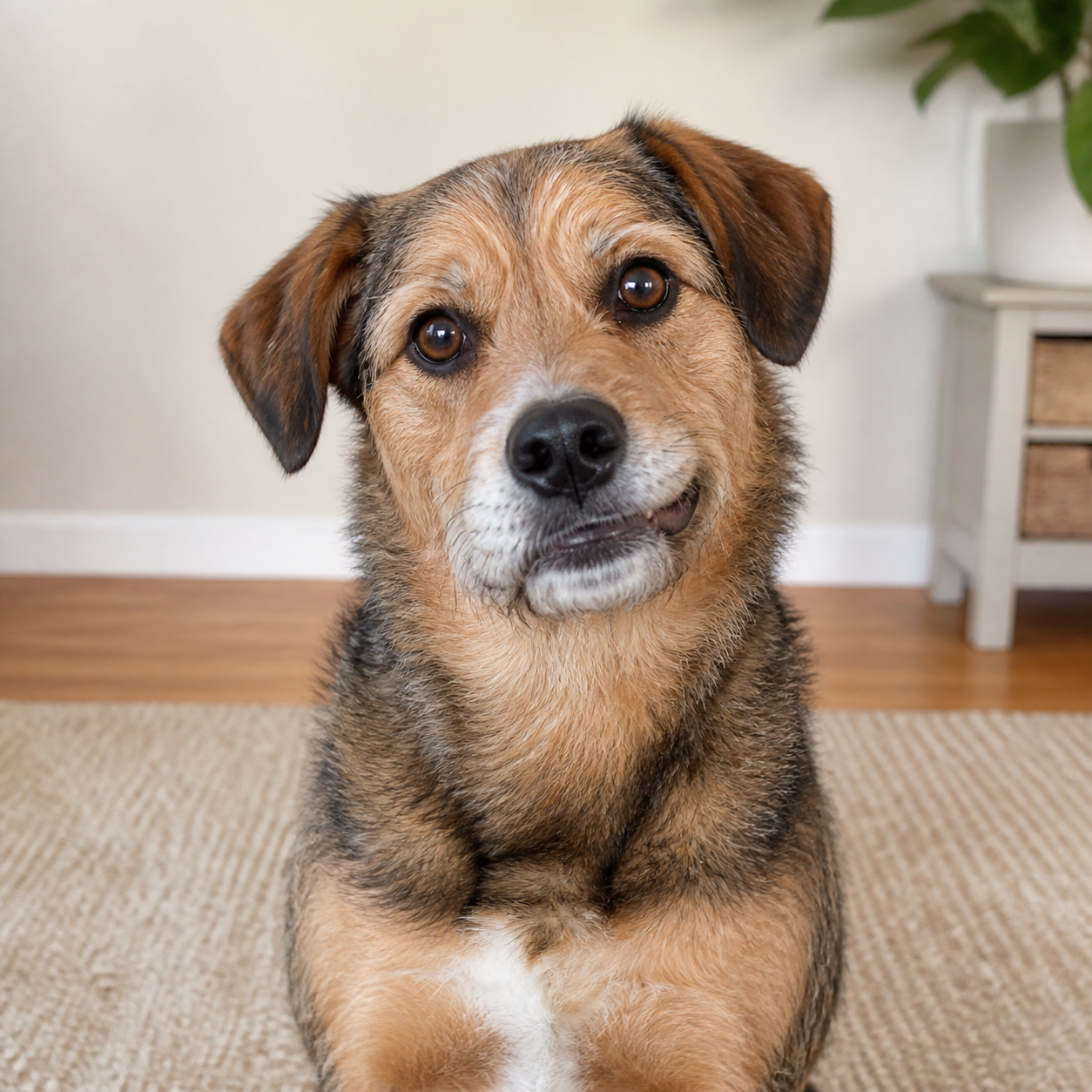 A scruffy tan dog looking at the camera